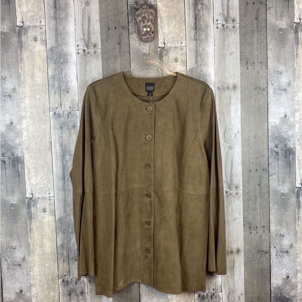 Eileen Fisher Suede Round Neck Long Jacket in Walnut Size XL New!